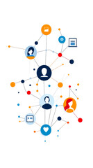 A colorful illustration representing connectivity and social networks with various user icons, symbols, and interconnected nodes.