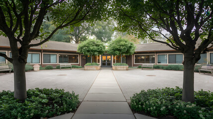 Fototapeta premium Senior care facility exterior with well-maintained garden and welcoming entrance. Emphasizing comfort and dignity in elderly living environments.