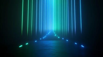 A futuristic corridor illuminated by colorful neon lights.