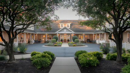 Naklejka premium Senior care facility exterior with well-maintained garden and welcoming entrance. Emphasizing comfort and dignity in elderly living environments.