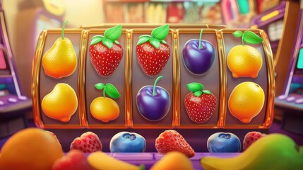 Fototapeta premium Fruit game icons for casino slot machine, gambling, lotteries or mobile puzzle ui elements. Plum, bananas or cherry, blueberry, pear and orange with lemon and strawberry bonus 3d vector cartoon set