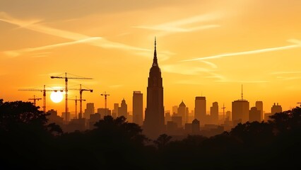 Obraz premium Majestic Cityscape Silhouette at Breathtaking Sunrise Over the Metropolis Skyline With Towering Skyscrapers and Cranes