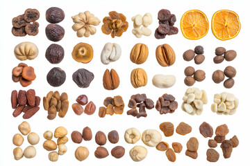 Obraz premium Various types of dry fruits displayed in an organized layout for healthy snacking options and culinary uses