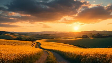 Obraz premium Golden Sunset over Tuscan Fields, a peaceful country scene