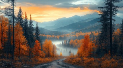 Obraz premium Beautiful Autumn Landscape With Mist Shrouded Mountains, Vibrant Foliage, and a Winding Path at Dusk in a National Park