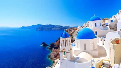 Santorini, Greece: Stunning Whitewashed Village with Blue Domes Overlooking Azure Sea