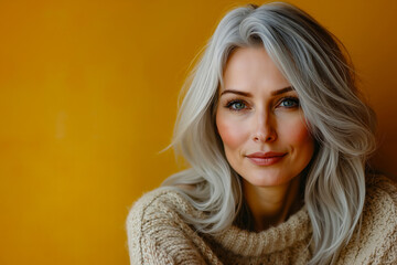 A woman with grey hair and blue eyes wearing a sweater