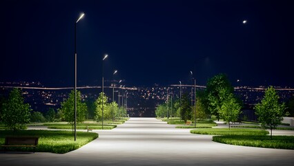 Illuminated Park Pathway at Night with City Lights in the Background