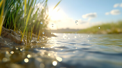Water droplets splash near grass by a river at sunset.