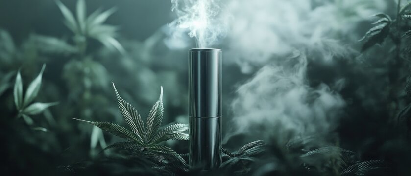Metal vape pen emitting vapor among cannabis plants.