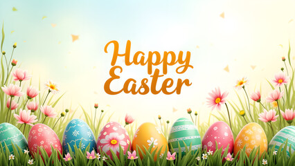 Happy Easter greeting card with colorful eggs and flowers. Spring celebration.