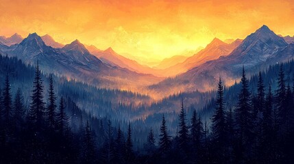 Obraz premium Low Angle View, Continuous mountains, thick trees, light yellow and dark yellow