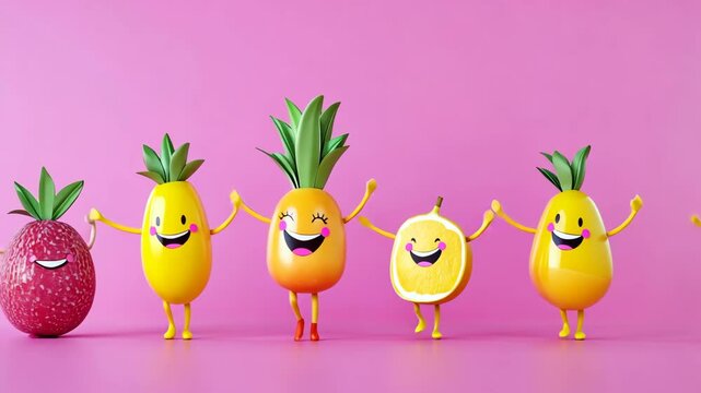 Colorful fruit characters dancing joyfully on a bright pink background during a playful celebration or party moment