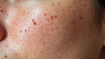 Fototapeta premium A close-up of human skin showing a mix of freckles and small moles, alongside natural pigmentation variations
