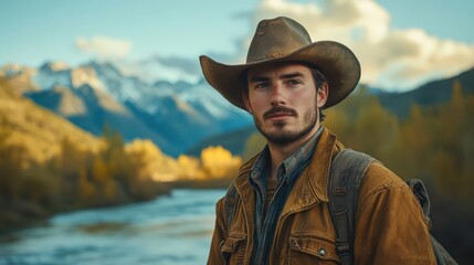 A rugged cowboy stands by a river, mountains rise behind. The golden hues of nature reflect adventure and tranquility in this beautiful landscape.