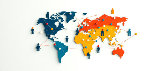 A colorful world map featuring various human figures, representing global connections and diversity across continents.