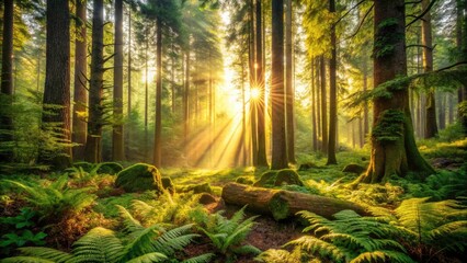 Enchanted Forest Sunlight: A Golden Glow Illuminates Lush Vegetation and Understory