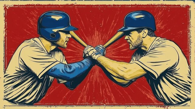 Two baseball players face off, bats crossed, in vintage style.