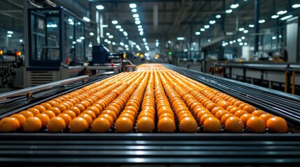 Fototapeta premium Conveyor belt with rows of oranges in a factory setting.