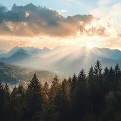 Obraz premium Majestic Sunset Illuminating the Mountain Range With Rays of Light Piercing Through the Clouds in a Serene, Forested Area