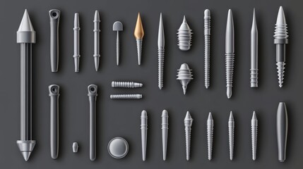 Nails hammered into wall, steel or silver pin heads, straight and bent metal hardware spikes or hobnails with grey caps top view isolated on transparent background. Realistic 3d vector icons set