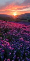 Obraz premium Sunset over purple wildflowers in a field.