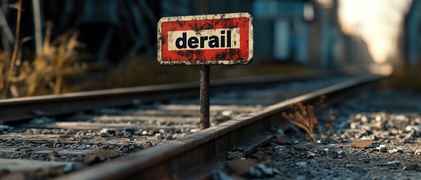 Rusty derail sign on train tracks.