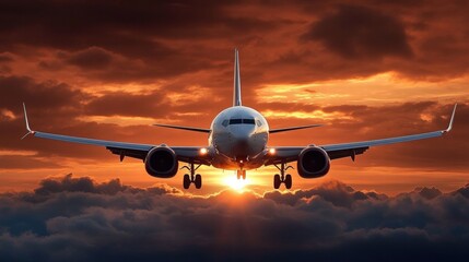Fototapeta premium Modern Passenger Airplane Flying Through Beautiful Sunset Panorama in the Sky Above Clouds During Flight