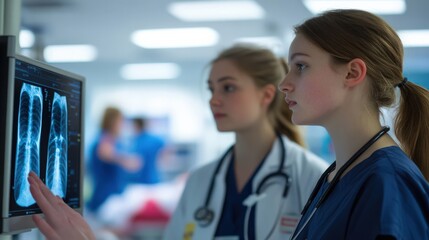 Two medical professionals analyze an X-ray on a screen in a clinical setting, showcasing teamwork in healthcare.
