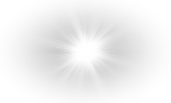 Yellow star flashed with sparkles sun isolated on white background. Soft glow without departing rays, sunlight with lens flare effect. PNG vector light effect.