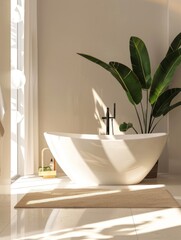 Fototapeta premium Modern minimalist bathroom with white bathtub and tropical plants creating a relaxing atmosphere