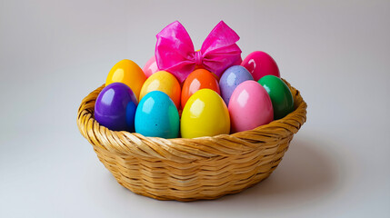 A basket filled with colorful easter eggs with a pink bow
