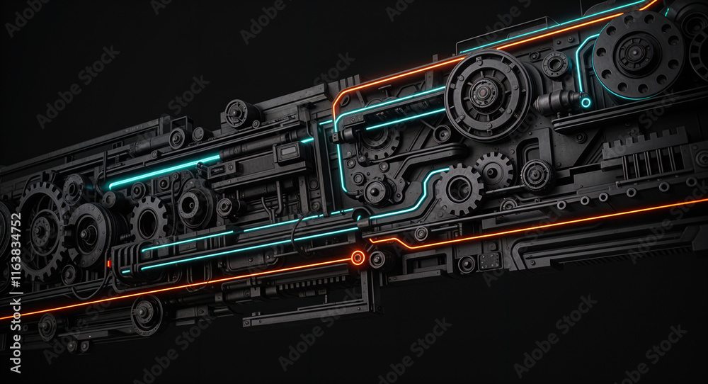 Poster mechanical abstract background with neon lines and mechanisms . generative ai