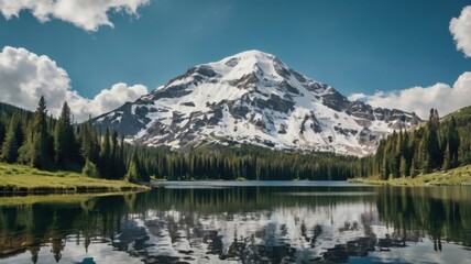 Obraz premium Snow-Covered Mountain Peak Reflecting in a Crystal-Clear Alpine Lake