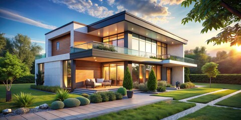 Fototapeta premium Innovative 3D House Project Design with Modern Architecture Features and Copy Space for Real Estate Marketing, Rendering, Interior Design, and Construction Promotions