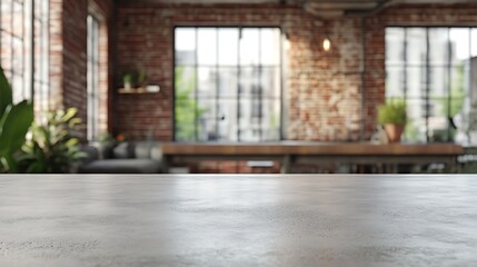 Obraz premium Smooth concrete slab with a blurred modern industrial loft and exposed brick walls background