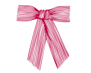 Striped red ribbon bow illustration isolated on white background. Minimalist graphic design. Gift wrapping and holiday decoration concept for design and print.