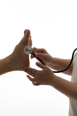 the doctor examines the patient's leg and prescribes treatment