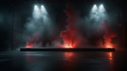 Obraz premium Arafed Room Enshrouded in Red Smoke and Dramatic Spotlights Amidst a Dark, Mystical Atmosphere