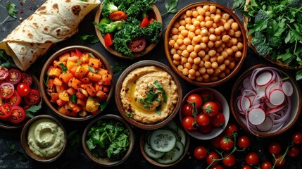 Fototapeta premium Healthy vegetarian food with bowls of hummus, fresh vegetables, and a dark background.