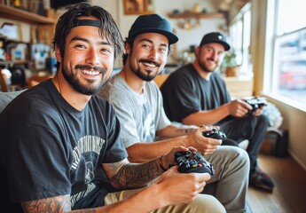 Three men are sitting on a couch playing video games