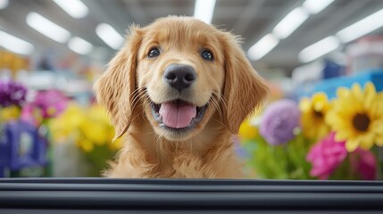 Happy golden retriever dog surrounded by colorful flowers at a pet store bright and cheerful environment close-up perspective