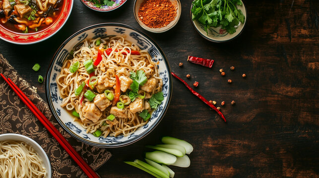 mie panjang umur served during Chinese New Year celebrations, garnished with fresh vegetables and traditional spices on a festive table