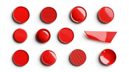 Red sticker paper texture, wrinkled adhesive label or price tag, crumpled glue badge 3d vector realistic set illustrations. Plastic round and rectangular badges isolated on white background