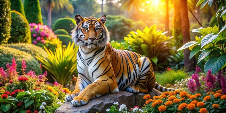 Majestic Tiger Statue in Lush Garden - Stunning Wildlife Sculpture, Captivating Art, Nature's Beauty, Outdoor Decor, Serene Landscape, Exotic Animal Representation, Unique Garden Feature