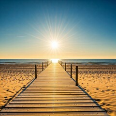 Obraz premium A peaceful beach scene with a wooden pier extending into the horizon, golden sunlight illuminating the landscape. 