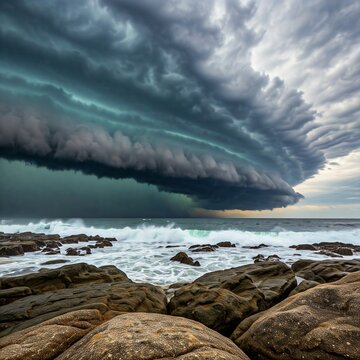 A dramatic storm over the ocean, dark clouds rolling in above a rugged beach with waves crashing onto rocks.
