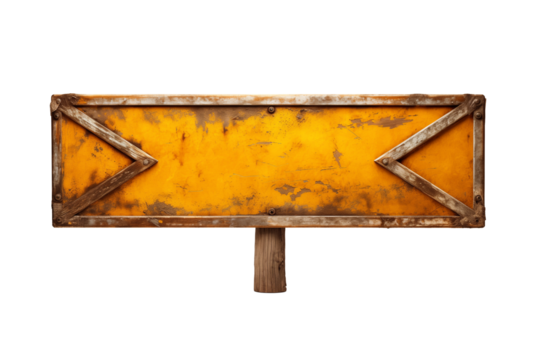 Old yellow road sign arrow, isolated on transparent background