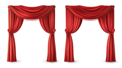 Red theater stage curtain closed and open, long and short top border isolated on white background. Realistic 3d vector illustration set of velvet cloth drapery of cinema, concert or theatre scene.