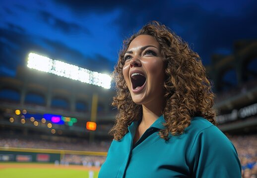 A woman is smiling and taking a picture of herself at a baseball game - Powered by Adobe